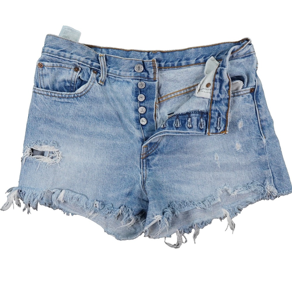 Levis 501 Button Fly Shorts Womens 31 Light Blue Denim Distressed Grunge Raw Hem